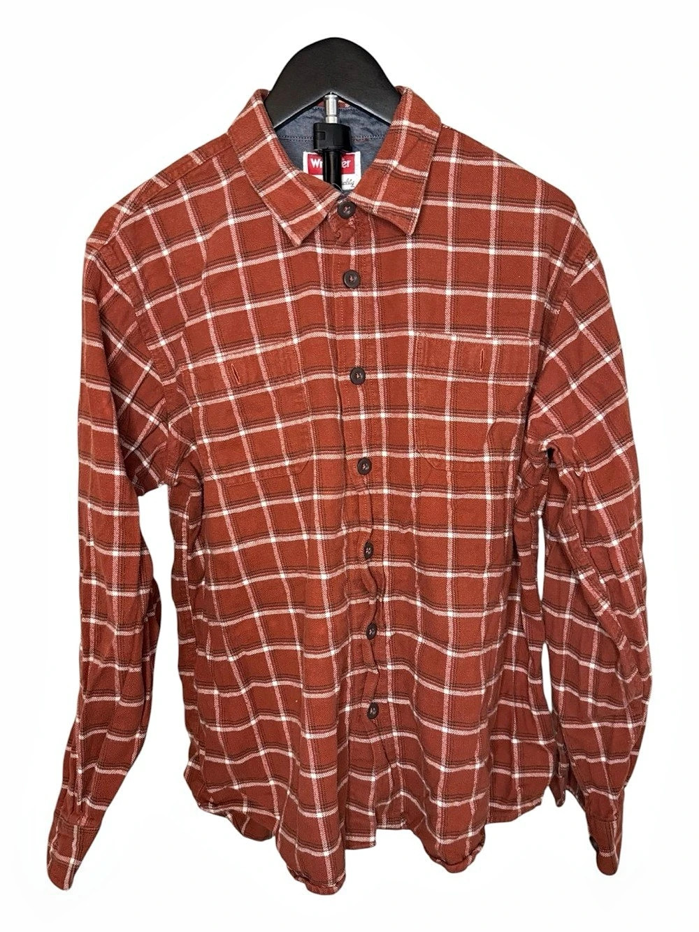 Wrangler Plaid Cotton Button Down in Brown & White Large Like New